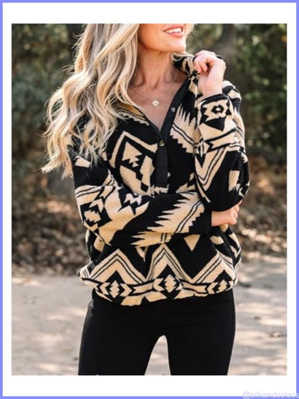 Womens Aztec Western Sweatshirt Half Placket Fleece Pullover Kangaroo Pocket - Picture 3 of 5
